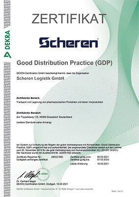 Zertifikat GDP Scheren Logistik Gmbh - Good Distribution Practice